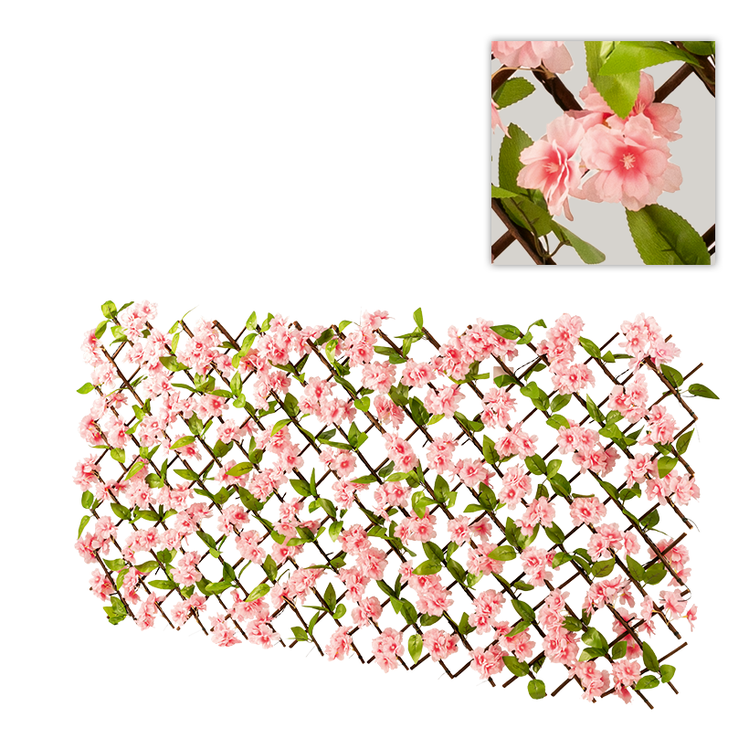 Zaun mit Kirschblüten, 90x180cm Masche: 9x9cm aus Weidenholz/Kunstseide, ausziehbar