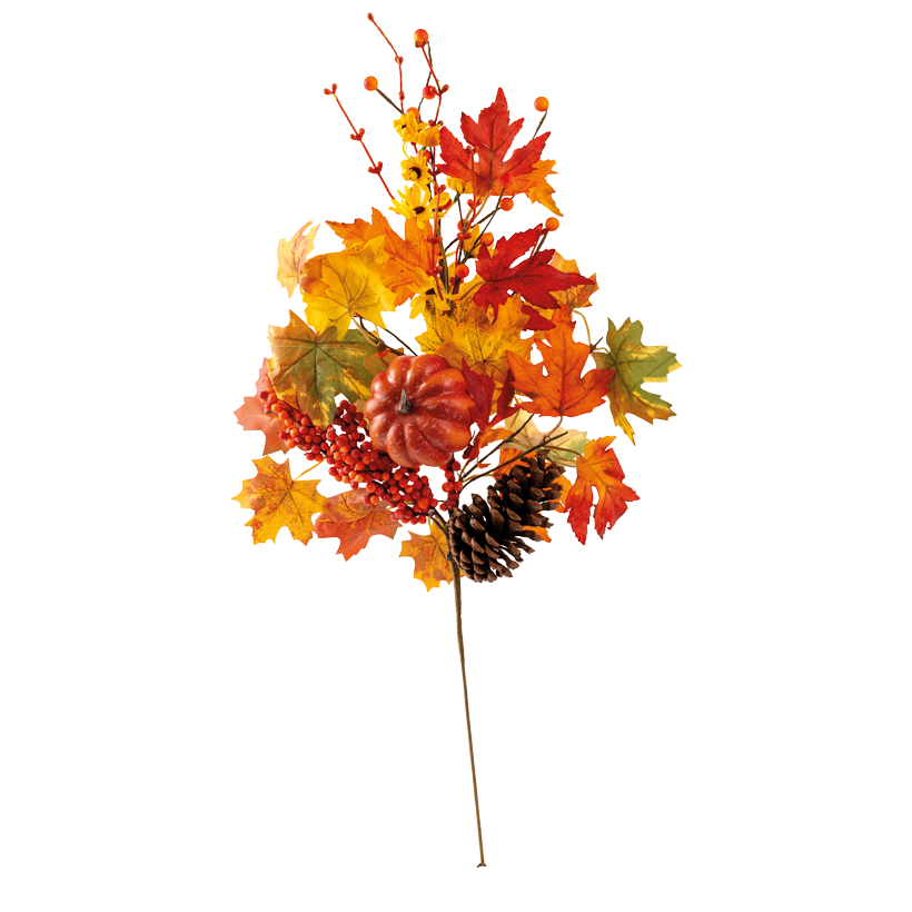 Herbstzweig, 70x40cm Stiel: 29cm aus Kunststoff und Kunstseide, mit Kürbissen, Zapfen, Beeren, einseitig, biegsam