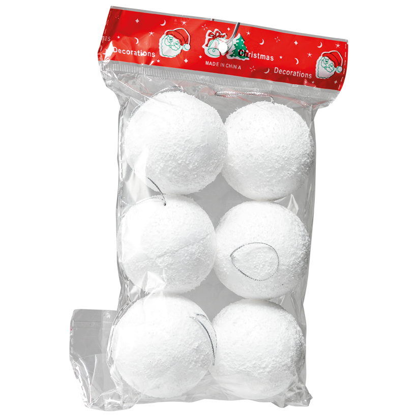 Boules de neige, Ø 6cm 6 pcs/sachet, en polystyrène, en polystyrènefloconneux, avec cordon argenté