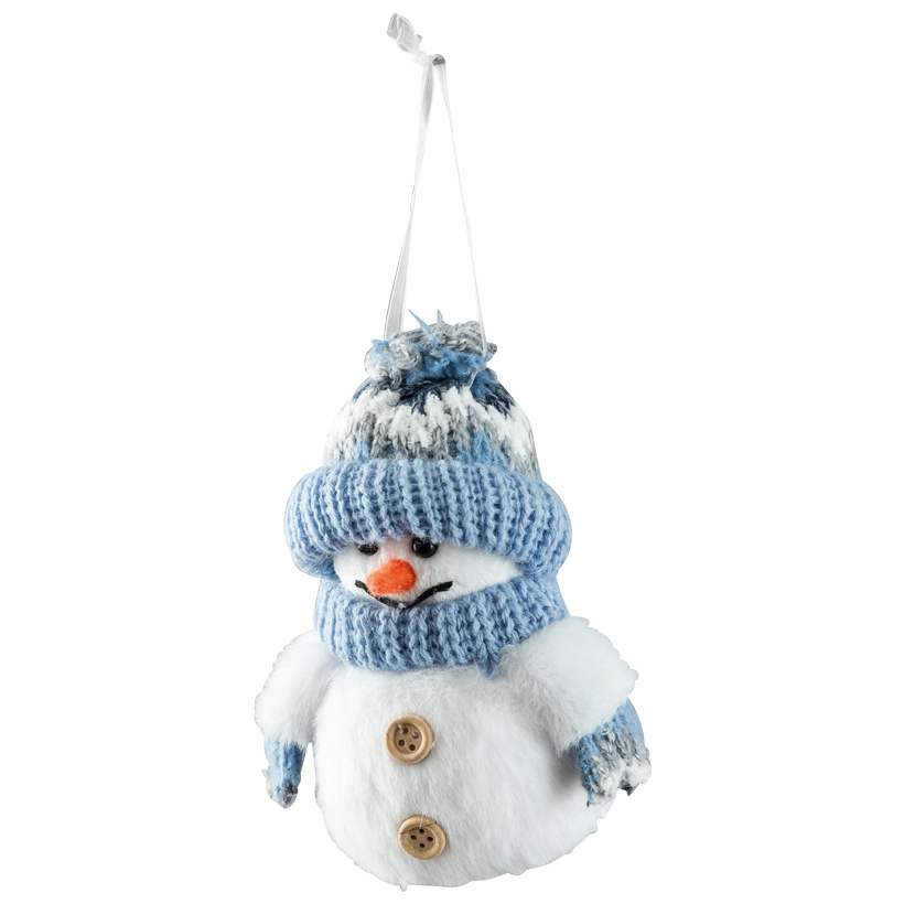 Bonhomme de neige, 9x7x12cm en polystyrène recouvert de tissu, avec suspension en tissu