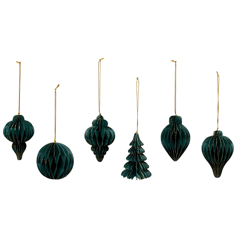 Baumschmuck-Ornamente, 10cm 6 Stk./Blister, aus Papier, mit goldenem Glitterrand