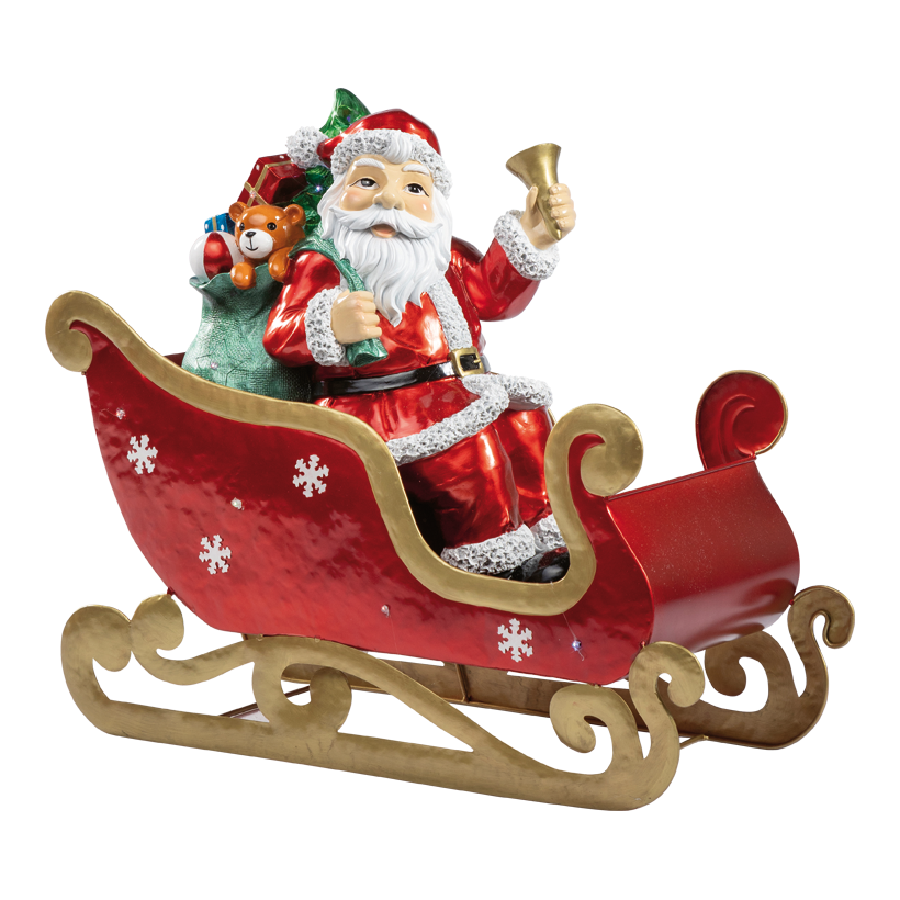 Schlitten mit Weihnachtsmann und Dekoration, 64x26x60cm aus Blech, mit LED