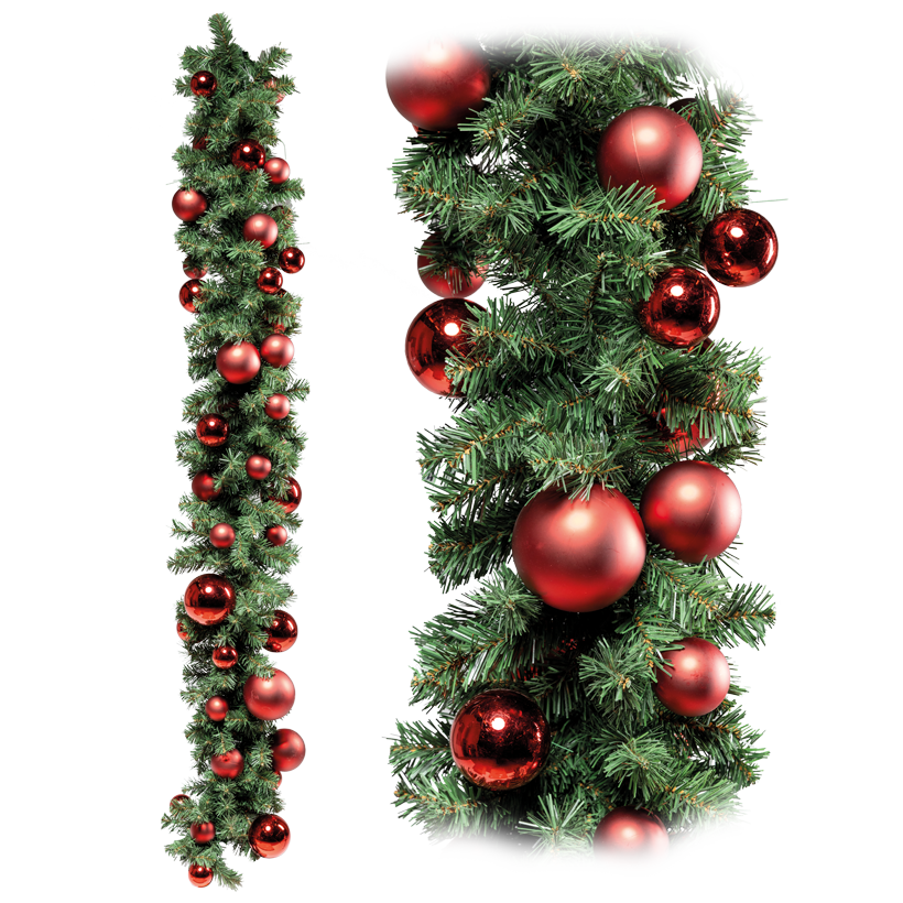 Guirlande en sapin noble, « Deluxe », double face 180cm, Ø 30cm 4x Ø 12cm, 6x Ø 10cm, 12x Ø 8cm und  24x Ø 6cm avec 46 boules brillantes et mates, en film PVC et plastique, 180 tips, difficilement inflammables selon EN71-2