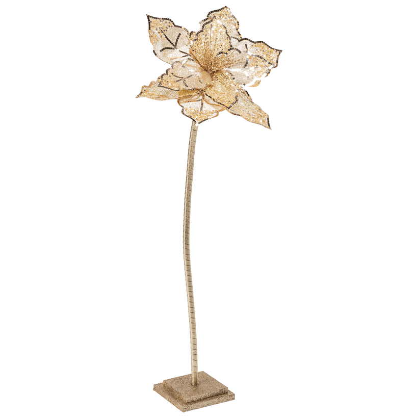 Poinsettia auf Holzfuß, 97cm Blüte 45x40cm, Stiel 80x1,5cm, Fuß 15x15x3,5cm 3-teilig, aus Kunststoff, mit Glitter und Pailletten