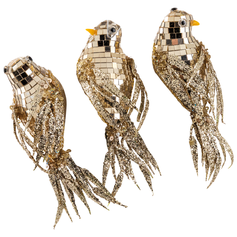 Vögel mit Clip, 15x5x5cm 3 Stk./Set, aus Styropor und Kunststoff, beschmückt mit Spiegelplättchen, beglittert