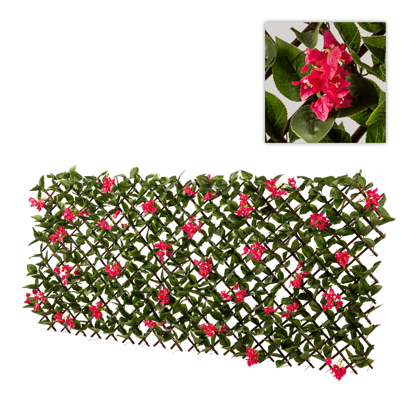 Zaun mit Bougainvillea, 90x180cm Masche: 7x7cm aus Weidenholz/Kunstseide, ausziehbar
