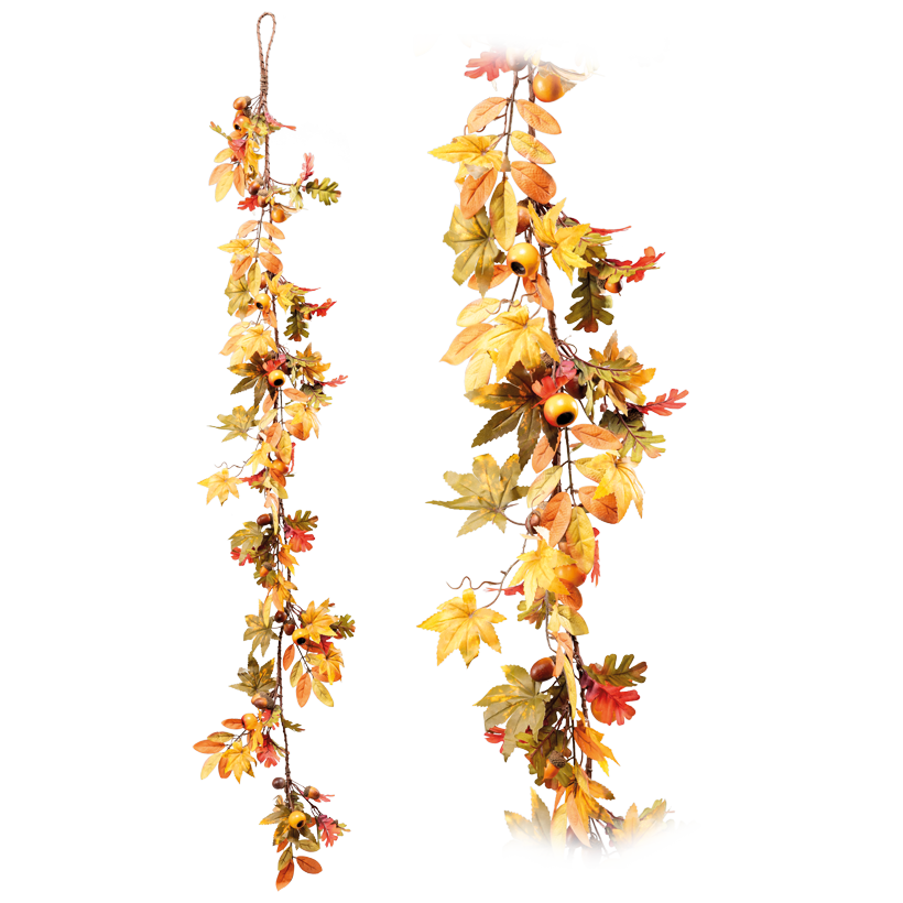 Herbstgirlande, biegsam, einseitig, mit Hänger 150x15cm aus Kunstseide und Kunststoff, mit verschiedenen Blättern, Eicheln und Beeren