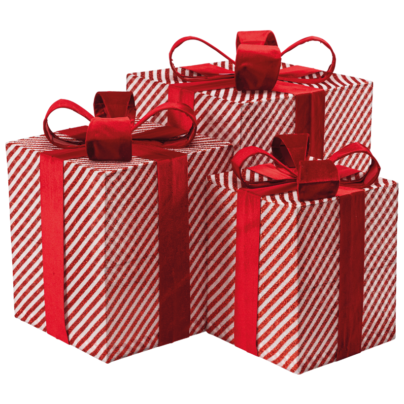 Geschenkpäckchen, 42x28x28cm, 47x34x34cm und 57x40x40cm 3 Stk./Set, aus Glitzerstoff und Metall, gestreift, ineinander passend