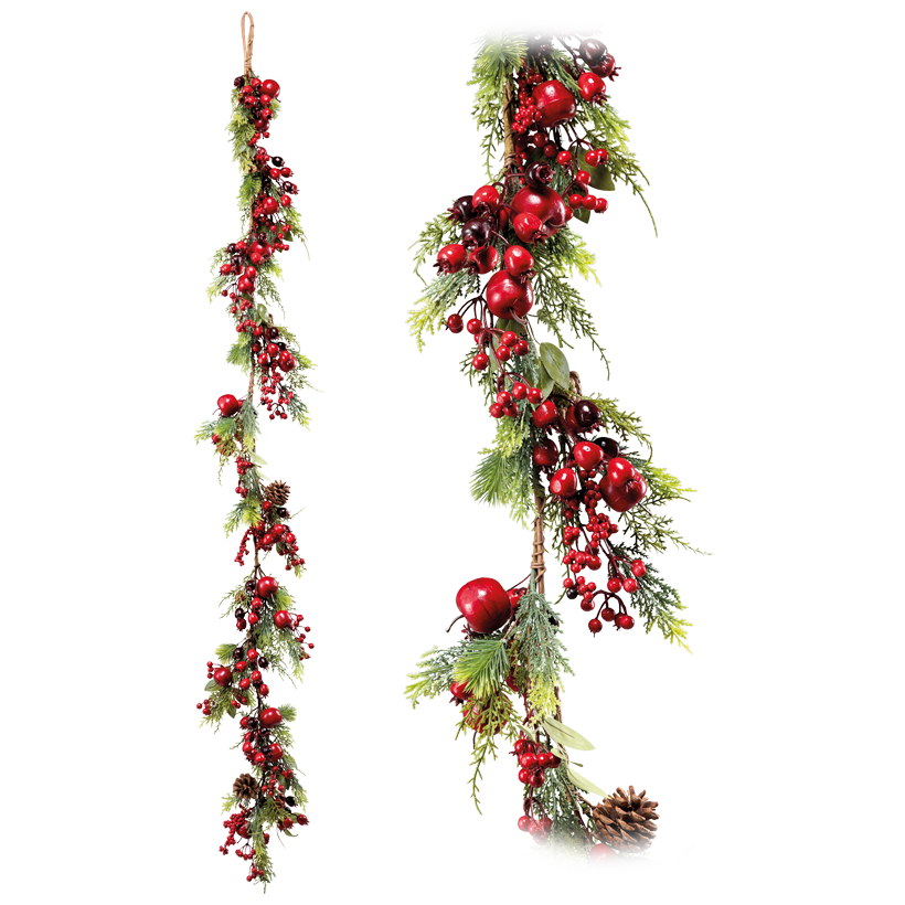 Tannengirlande, biegsam, mit Hänger, 180cm aus Kunststoff (Vollplastik) und Styropor, mit Beeren, echten Tannenzapfen und Äpfeln