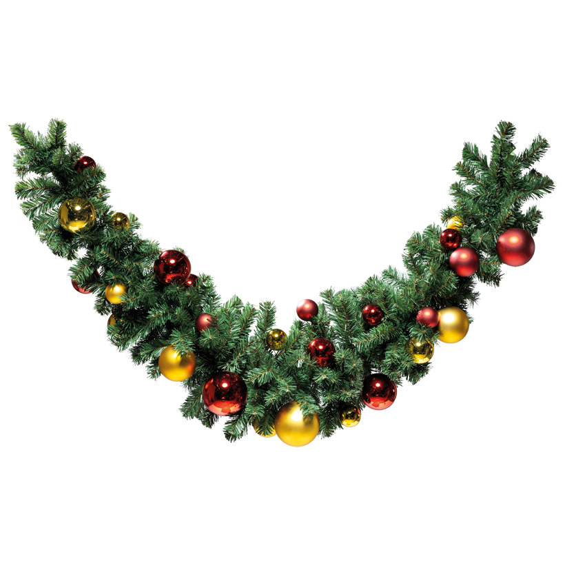 Swag de sapin noble « Deluxe », double face, 180cm, Ø 35cm 2x Ø 12cm, 6x Ø 10cm, 8x Ø 8cm und 12x Ø 6cm avec 28 boules brillantes et mates, en film PVC et plastique, 180 tips, difficilement inflammables selon EN71-2