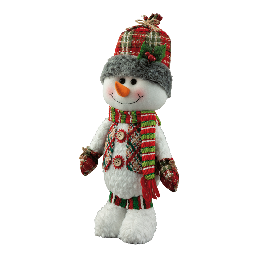 Schneemann, 45x20x15cm aus Kunststoff/Stoff, stehend, Mütze biegsam