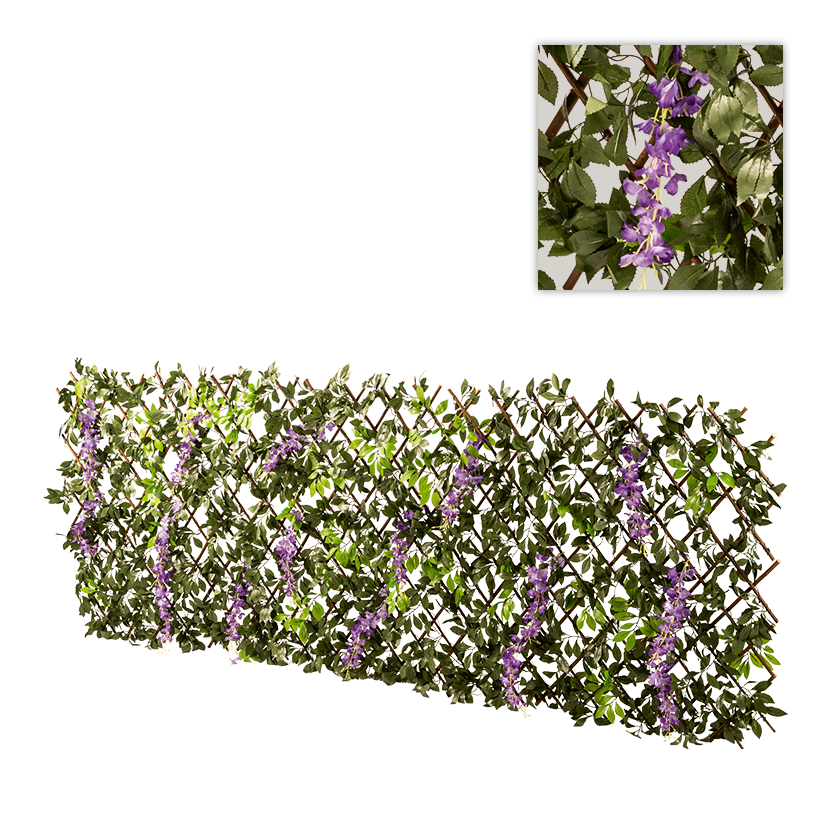 Zaun mit Blauregen, 90x180cm Masche: 9x9cm aus Weidenholz/Kunstseide, ausziehbar