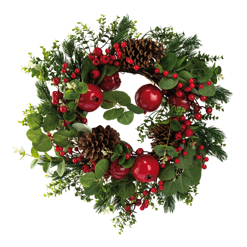 Tannenkranz mit BeerenäÄpfel, ø 60cm innen ø 30cm aus Styropor/Kunststoff/Holzzweigen, Tannenzapfen ø 12cm