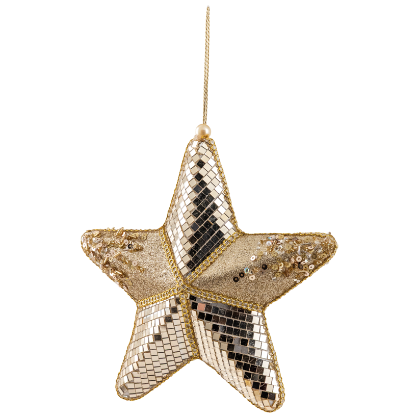 Stern, mit Hänger, 22x4cm aus Styropor und Kunststoff, beschmückt mit Spiegelplättchen, beglittert
