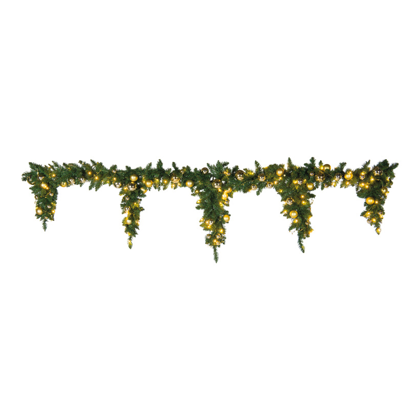 Edeltannenfries, 270cm Ø 25cm, Zapfenlänge: 50/60/70/60/50cm 60 Kugeln, aus Kunststoff, 100 LEDs, goldenem Sternchendraht Edeltannenfries, 270cm Ø 25cm, Zapfenlänge: 50/60/70/60/50cm 60 Kugeln, aus Kunststoff, 100 LEDs, goldenem Sternchendraht