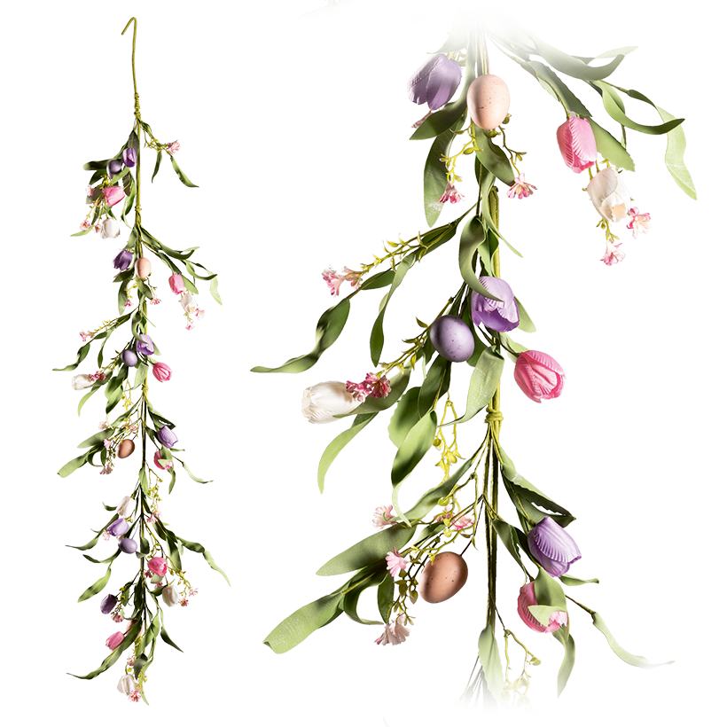 Guirlande de tulipes, 150cm en plastique/soie synthétique, orné d'oeufs de Pâques