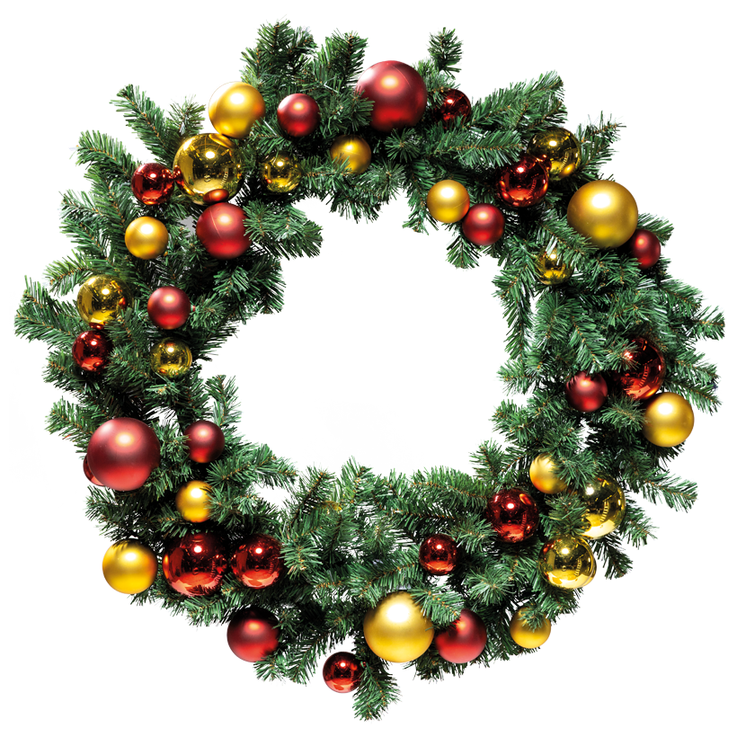 Couronne de sapin noble « Deluxe », simple face, Ø 90cm 8x Ø 10cm, 12x Ø 8cm und 24x Ø 6cm avec 44 boules brillantes et mates, en film PVC et plastique, 180 tips, difficilement inflammables selon EN71-2