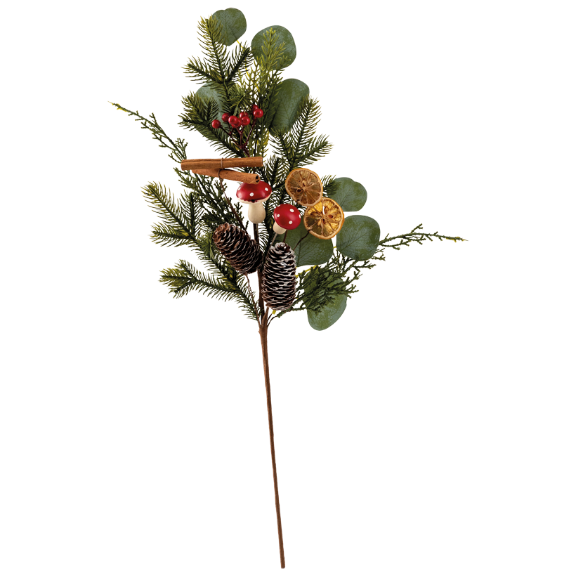 Tannenzweig, biegsam, 60cm Stiel ca. 27cm aus Kunststoff (Vollplastik) und Styropor, mit Beeren, Tannenzapfen, Zimtstangen und Pilzen