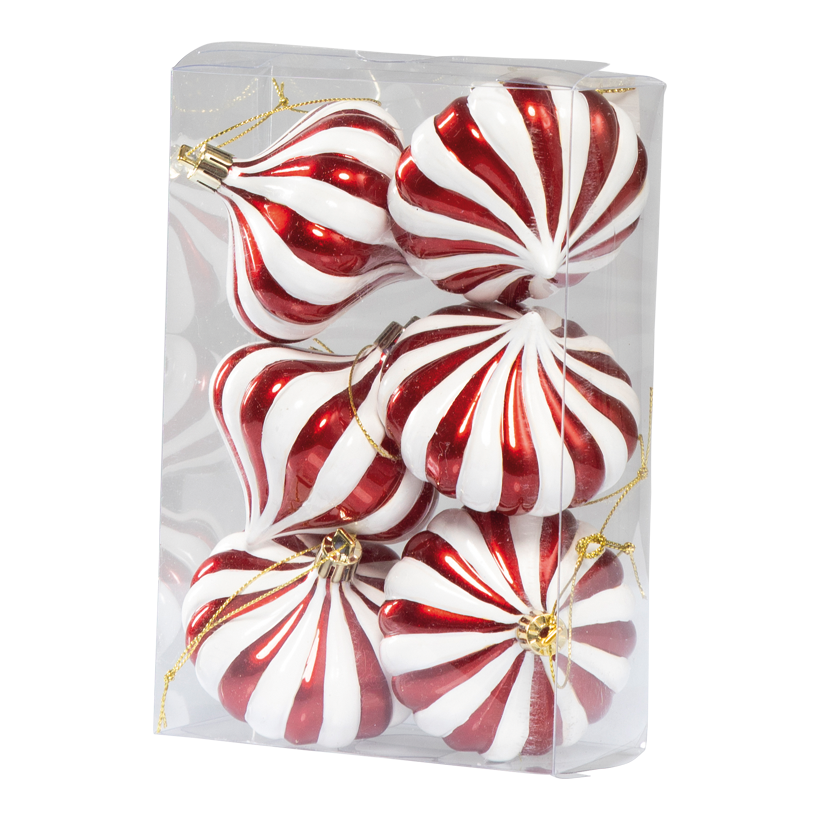 Ornamente, Ø 7cm 0 6 Stk./Blister, aus Kunststoff, zwiebelförmig, mit Hänger Ornamente, Ø 7cm 0 6 Stk./Blister, aus Kunststoff, zwiebelförmig, mit Hänger