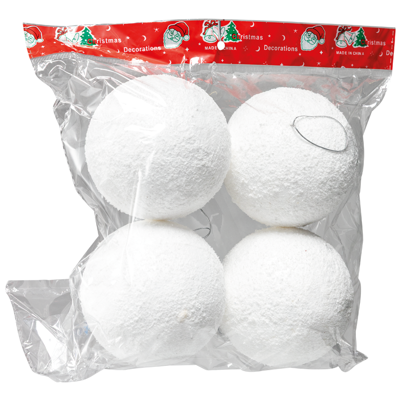 Boules de neige, Ø 10cm 4 pcs/sachet, en polystyrène en polystyrènefloconneux, avec cordon argenté