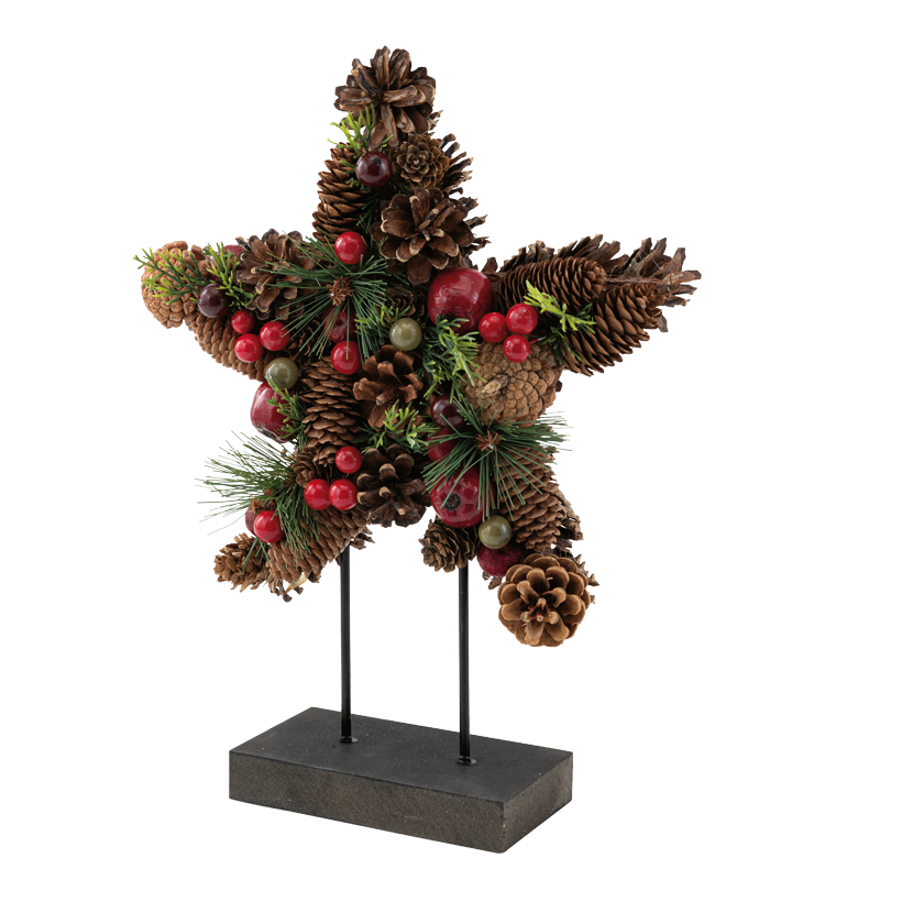 Stern auf Holzfuß, 37x28cm Holzfuß: 8,5x15x2,5cm aus Kunststoff/Naturmaterial, einseitig, Rückseite nur mit Zapfen beschmückt