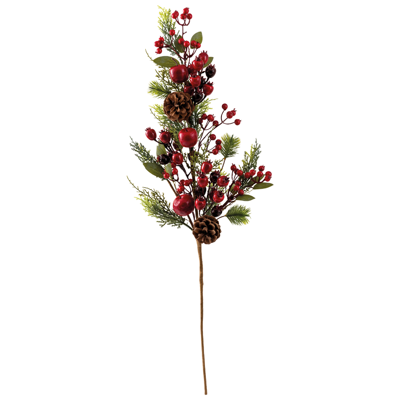 Tannenzweig, biegsam, 60cm Stiel ca. 31cm aus Kunststoff (Vollplastik) und Styropor, mit Beeren, echten Tannenzapfen und Äpfeln