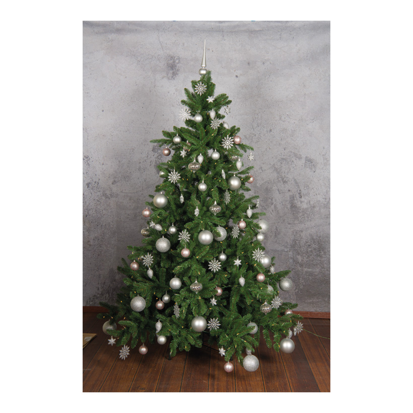 Edeltanne, PE/PVC-Mix, 240cm ø ca. 155cm mit 1.418 Tips (1.259 PVC/159 PE), mit 500 warm weißen LEDs, 3-teilig+Metallständer, 295 Ornamente werden seperat mitgeliefert