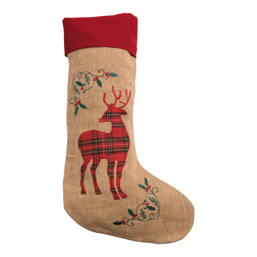 Jute-Weihnachtsstrumpf, 52x20cm aus Samt. Red Tartan Deer berduckt, mit Hänger, Jute-Weihnachtsstrumpf, 52x20cm aus Samt. Red Tartan Deer berduckt, mit Hänger,