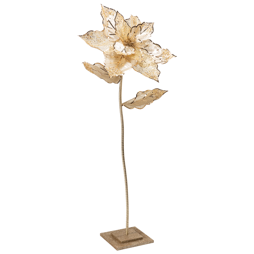 Poinsettia auf Holzfuß, 140cm, Blüte 53x55cm, Fuß 25x25x3,5cm, Stiel mit 2 Blättern 117x50cm, Ø 2cm 3-teilig, aus Kunststoff, mit Glitter und Pailletten