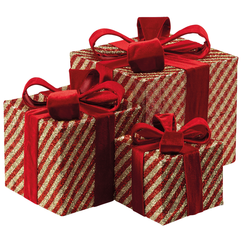 Geschenkpäckchen, 17x15x15cm, 25x20x20cm und 29x25x25cm 3 Stk./Set, aus Glitzerstoff und Metall, gestreift, ineinander passend