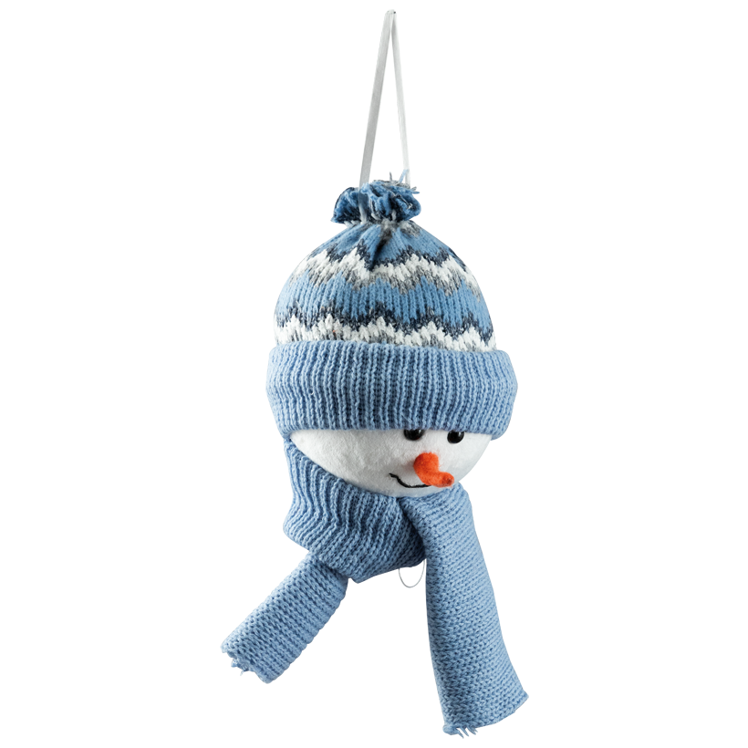 Schneemann-Kopf, 16x15x32cm aus Styropor mit Stoffüberzug, mit Schal und Mütze, mit Hänger