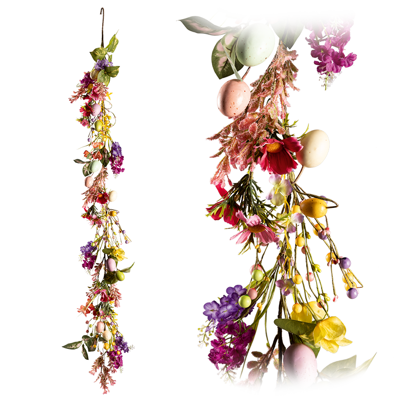 Blumengirlande, 160cm aus Kunststoff/ Kunstseide, beschmückt mit Ostereiern