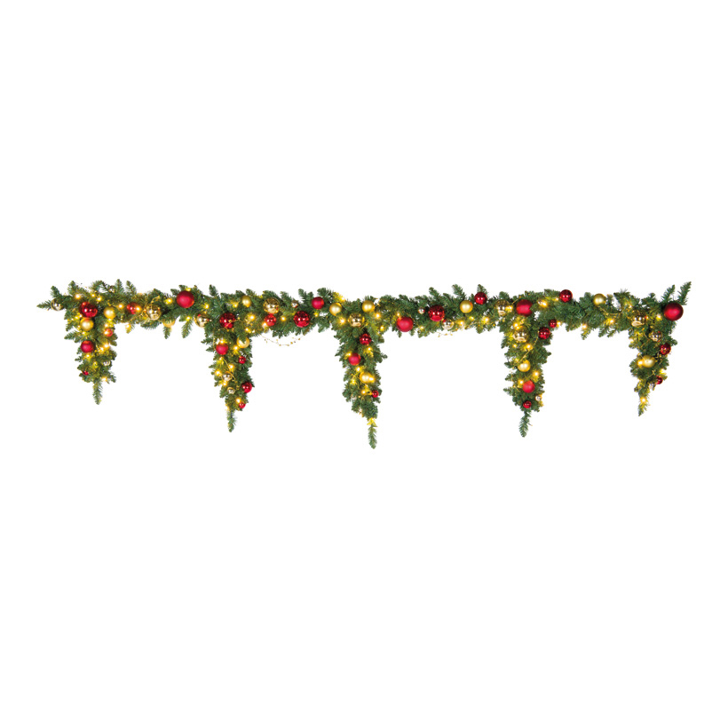 Edeltannenfries, 270cm Ø 25cm, Zapfenlänge: 50/60/70/60/50cm 60 Kugeln, aus Kunststoff, 100 LEDs, goldenem Sternchendraht Edeltannenfries, 270cm Ø 25cm, Zapfenlänge: 50/60/70/60/50cm 60 Kugeln, aus Kunststoff, 100 LEDs, goldenem Sternchendraht