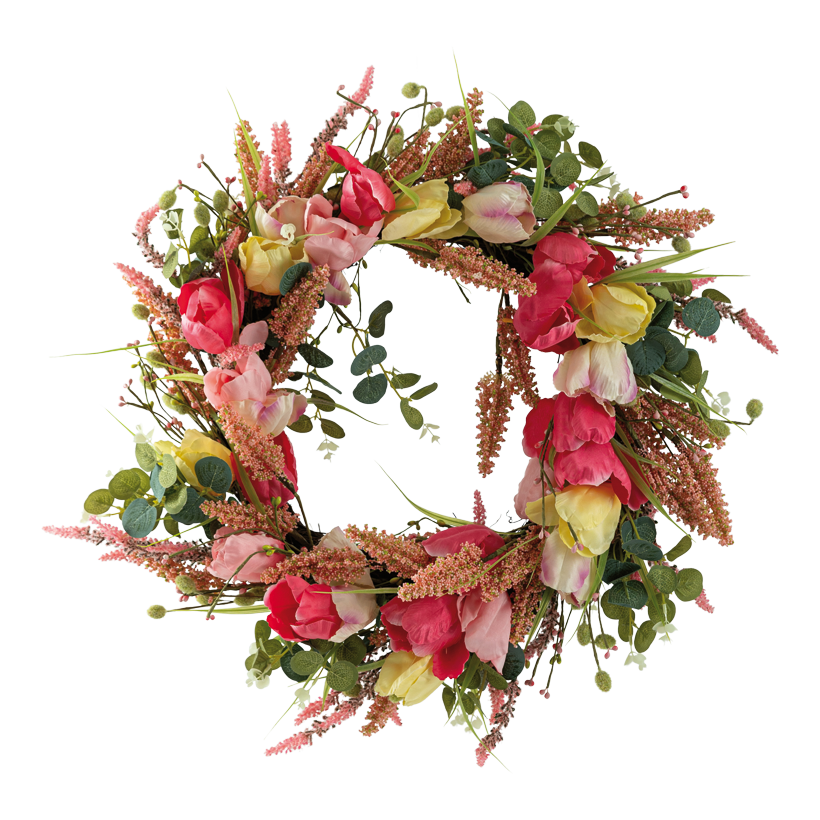 Blumenkranz, Ø 45cm innen Ø 35cm mit Tulpen und Eukalyptus, aus Kunststoff/Kunstseide/Holzzweigen, einseitig beschmückt