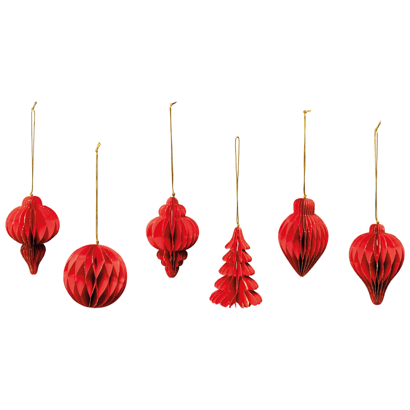 Baumschmuck-Ornamente, 10cm 6 Stk./Blister, aus Papier, mit goldenem Glitterrand