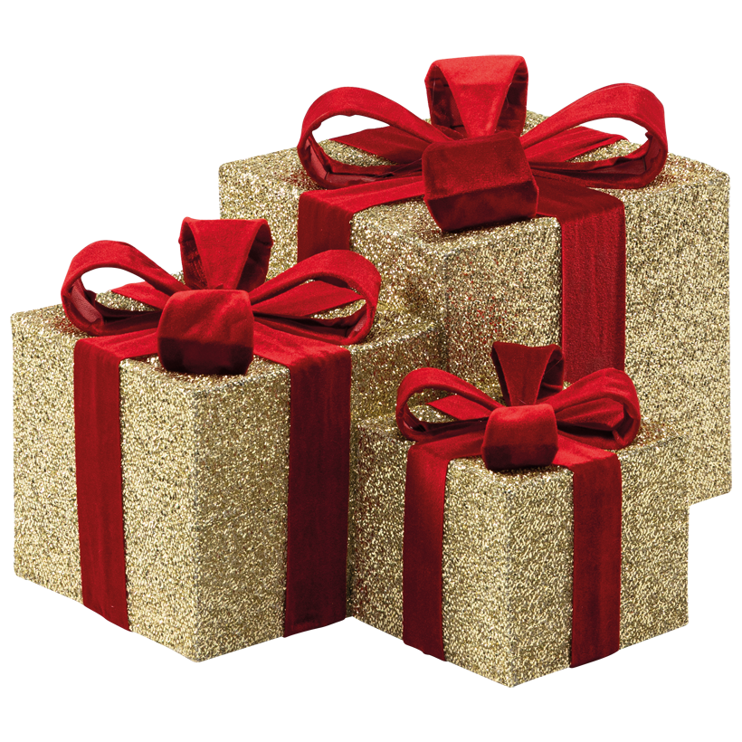 Geschenkpäckchen, 17x15x15cm, 25x20x20cm und 29x25x25cm 3 Stk./Set, aus Glitzerstoff und Metall, ineinander passend