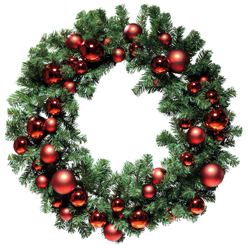 Couronne de sapin noble « Deluxe », simple face, Ø 90cm 8x Ø 10cm, 12x Ø 8cm und 24x Ø 6cm avec 44 boules brillantes et mates, en film PVC et plastique, 180 tips, difficilement inflammables selon EN71-2