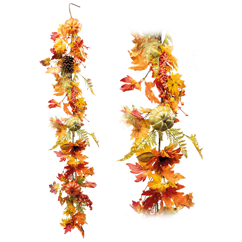 Herbstgirlande, 150x25cm aus Kunststoff und Kunstseide, mit Kürbissen, Zapfen, Beeren, einseitig, biegsam