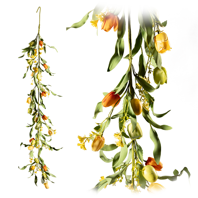 Guirlande de tulipes, 150cm en plastique/soie synthétique, orné d'oeufs de Pâques