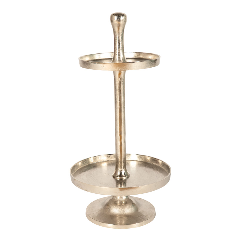 Etagere, H: 95cm Ø 40cm zweistufig, mehrteilig, aus Alu und Nickel Etagere, H: 95cm Ø 40cm zweistufig, mehrteilig, aus Alu und Nickel