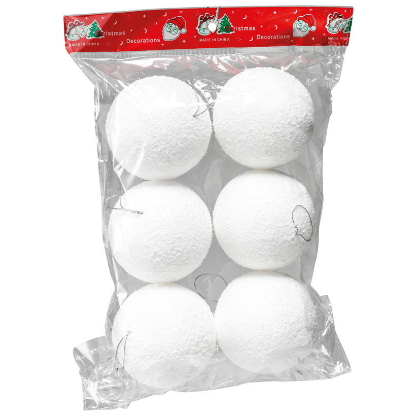 Boules de neige, Ø 8cm 6 pcs/sachet, en polystyrène en polystyrènefloconneux, avec cordon argenté