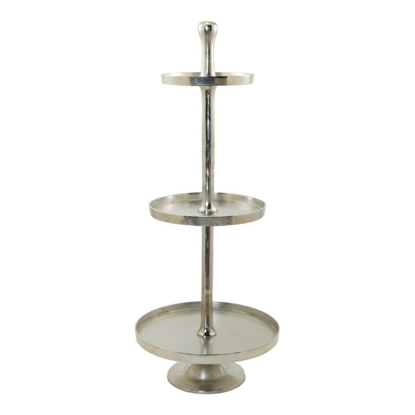 Etagere, H: 130cm Ø 60cm dreistufig, mehrteilig, aus Alu und Nickel Etagere, H: 130cm Ø 60cm dreistufig, mehrteilig, aus Alu und Nickel