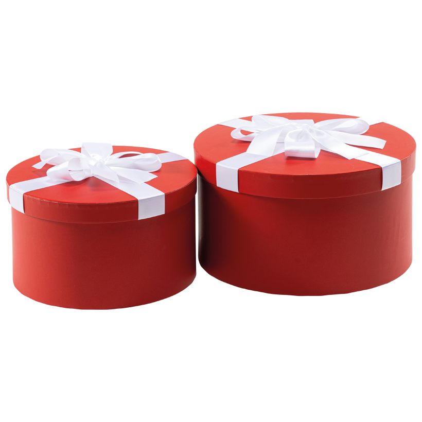 Boîtes cadeaux, rondes, Ø 25cm Höhe 14cm und Ø 30cm Höhe 16cm 2pcs/set, en carton recouvert de velours, emboîtables, couvercle amovible