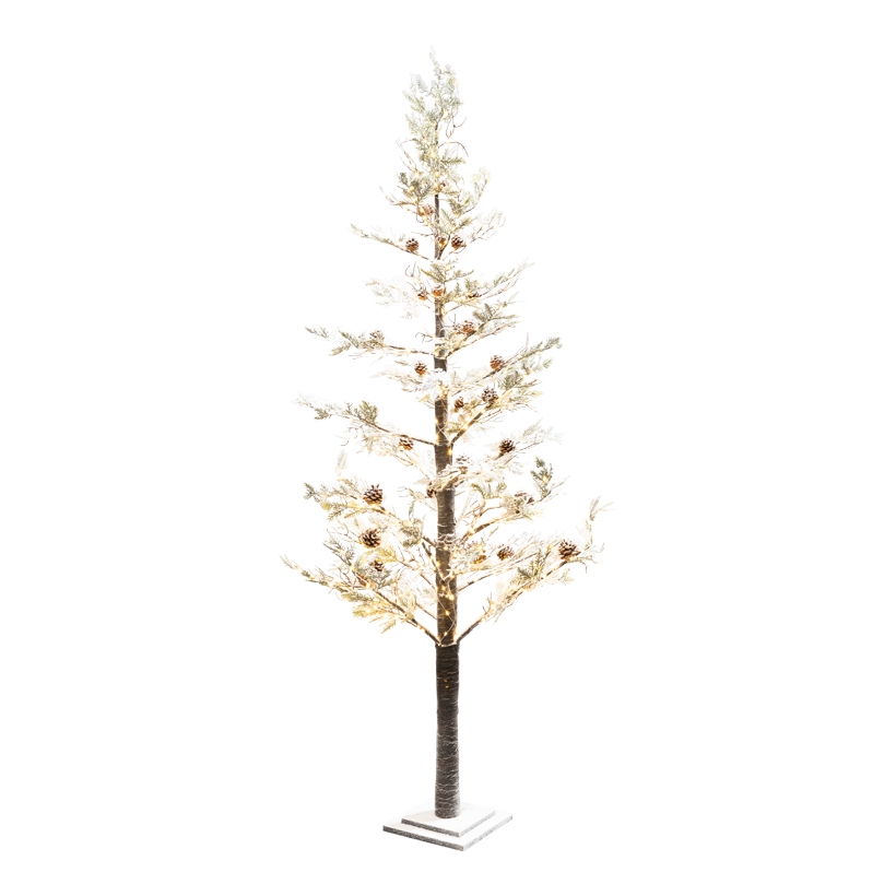 Baum, 210cm mit Standfuß: 26x26x4,5cm mit 700 LEDs, 2-teilig, aus Kunststoff/MDF/Papier, mit Tannenzapfen, beschneit, mit IP44 Stecker