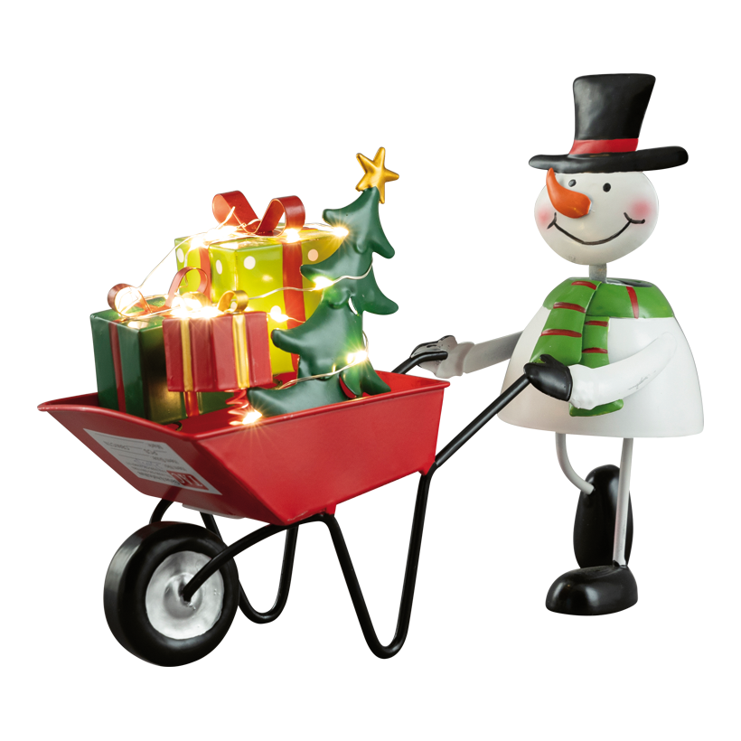 Bonhomme de neige avec brouette, 28x18x10cm en tôle, fonctionne sur piles 2x AAA nécessaires