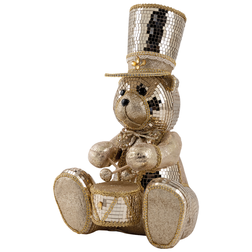Teddybär, mit Trommel, 36x23x14cm aus Styropor und Kunststoff, beschmückt mit Spiegelplättchen, beglittert