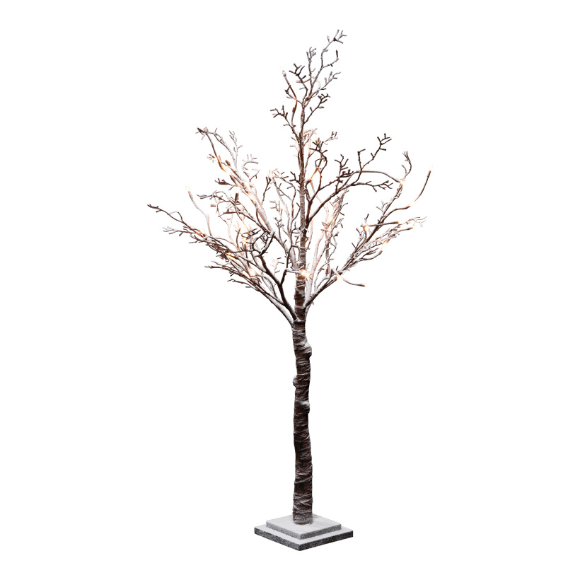 LED-Birkenbaum 120cm Holzfuß: 17x17x3cm mit 50 LEDs, Stamm aus Eisen, beschneit, 5m Zuleitung, mit IP44 Transformer