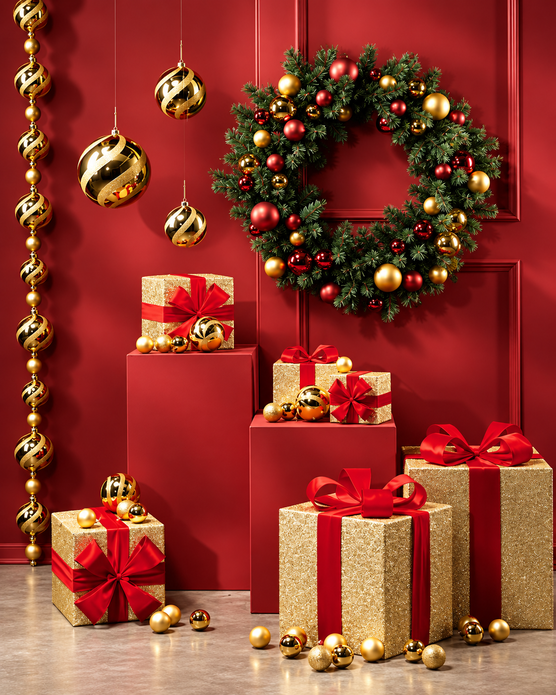 Luxuriöse Weihnachtsdekoration in Rot und Gold