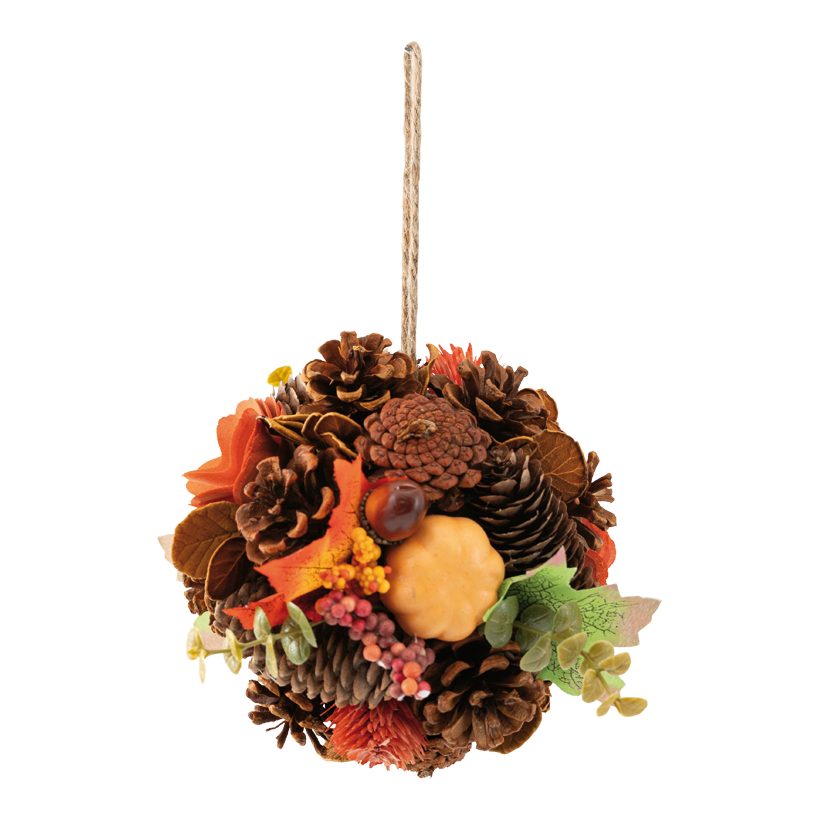 Herbst Kugel, ø 15cm aus Kunstseide/Holzzweigen/Styropor mit echten Zapfen, mit Hänger