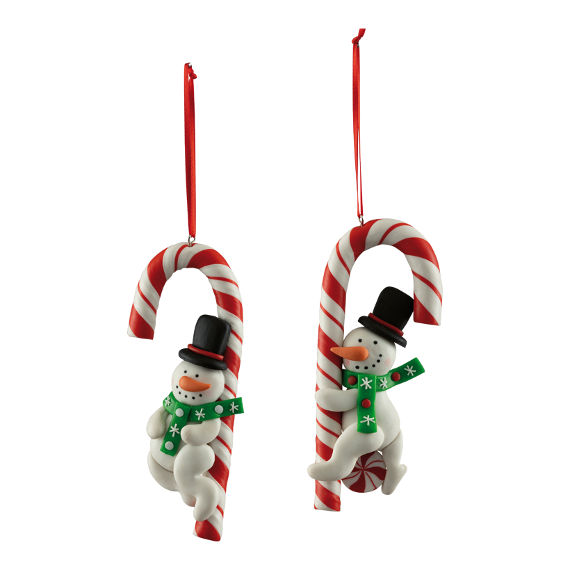 Schneemänner mit Zuckerstange, 14cm 2-fach, aus Kunststoff, mit Hänger